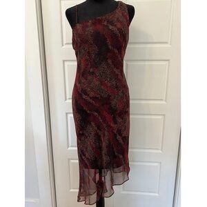 Alyn Paige One Shoulder Red and Black Dress with asymmetrical hem 7/8